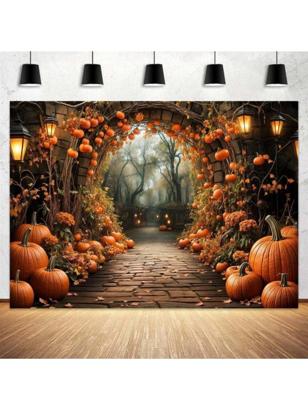 Autumn Photography Backdrop 20x10ft Fall Leaves Pumpkin Stone Arch Party Decor
